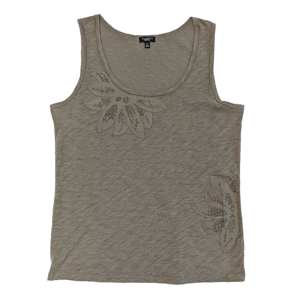 Talbots Olive Green Scoop Neck Tank Top Beaded Floral Applique Women's SZ Med